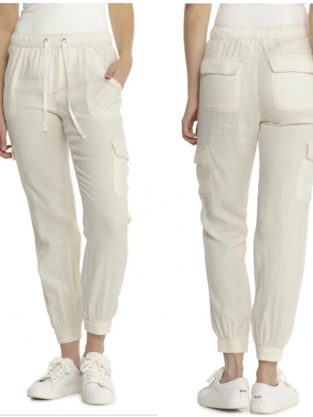 Nicole Miller 100% Linen Cargo Joggers Pants Drawstring Waist Elastic Cuff Sz M
